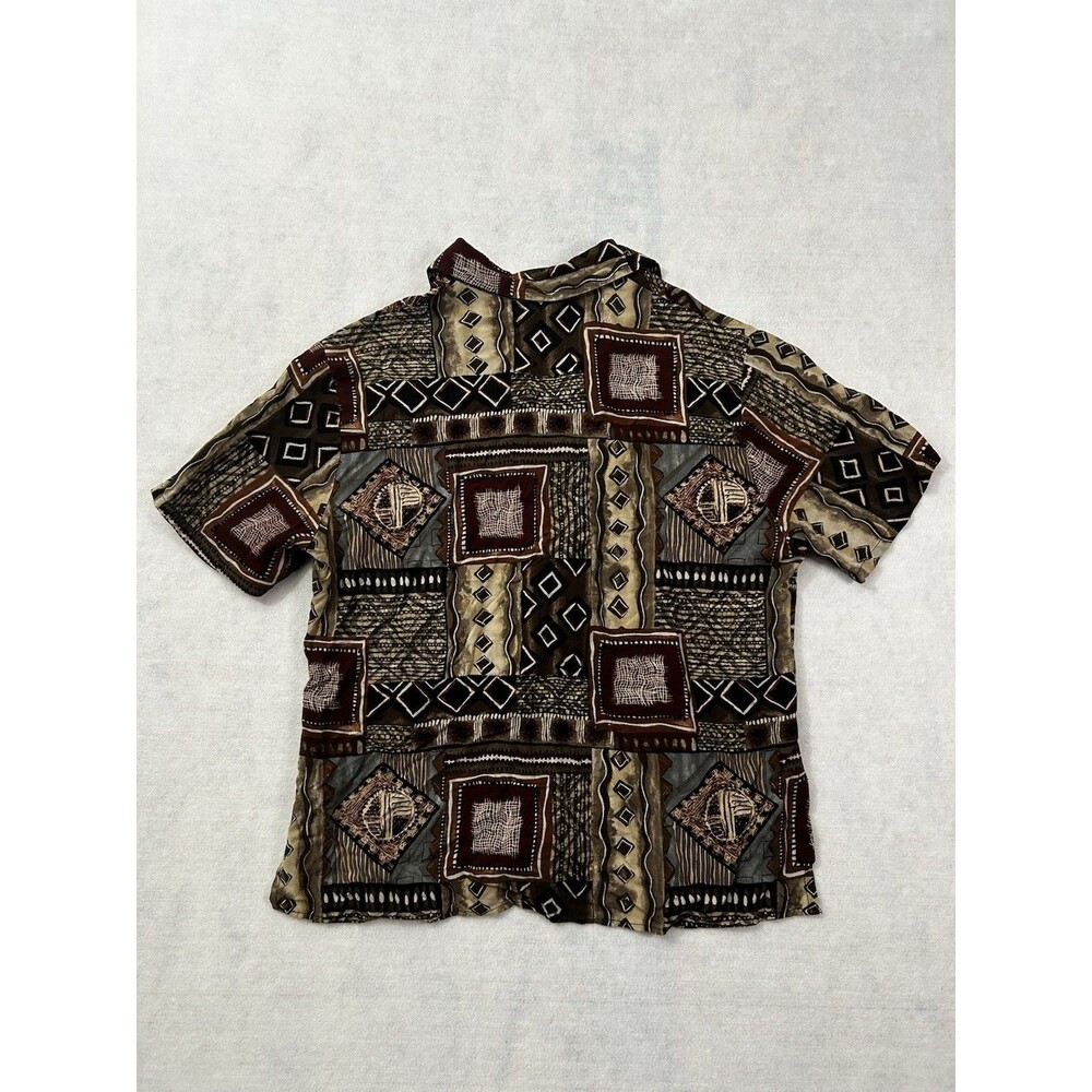 VTG 90s Basic Editions Shirt S Rayon Geometric Tribal Patchwork USA Abstract Art - Picture 5 of 11